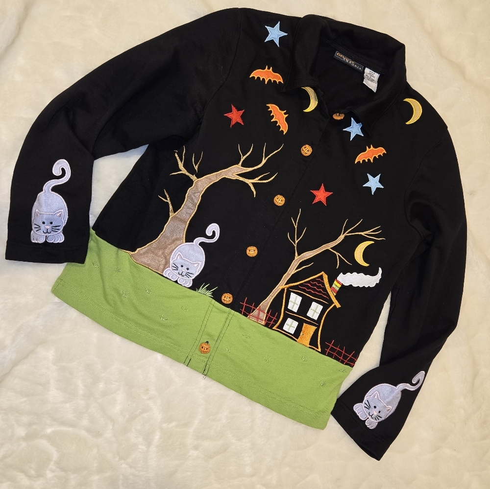 1990 Halloween Onque Casuals Lightweight Button Up with Colorful Embroidery